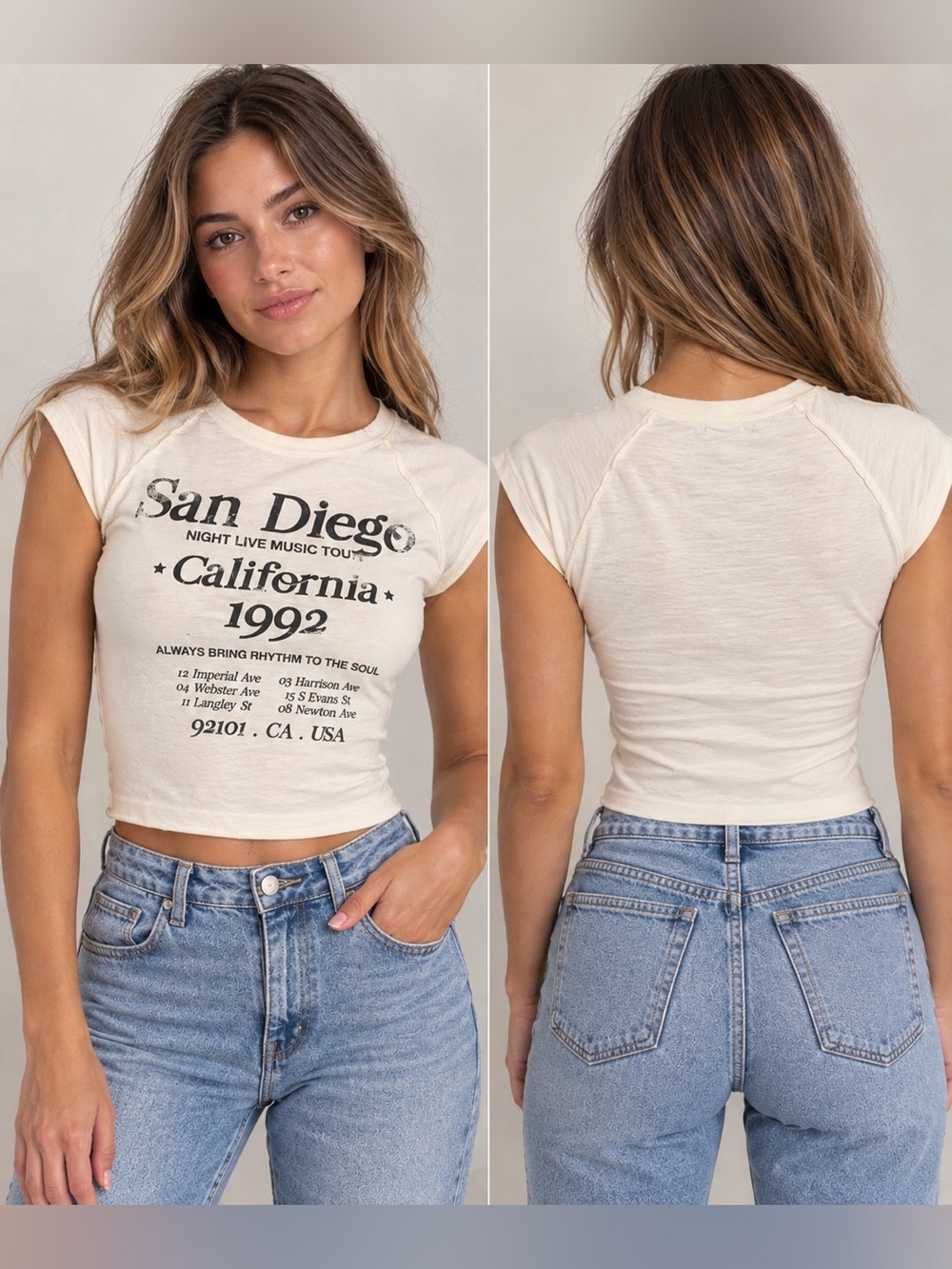 Bershka off-white fitted cropped graphic T-shirt with a vintage-inspired “